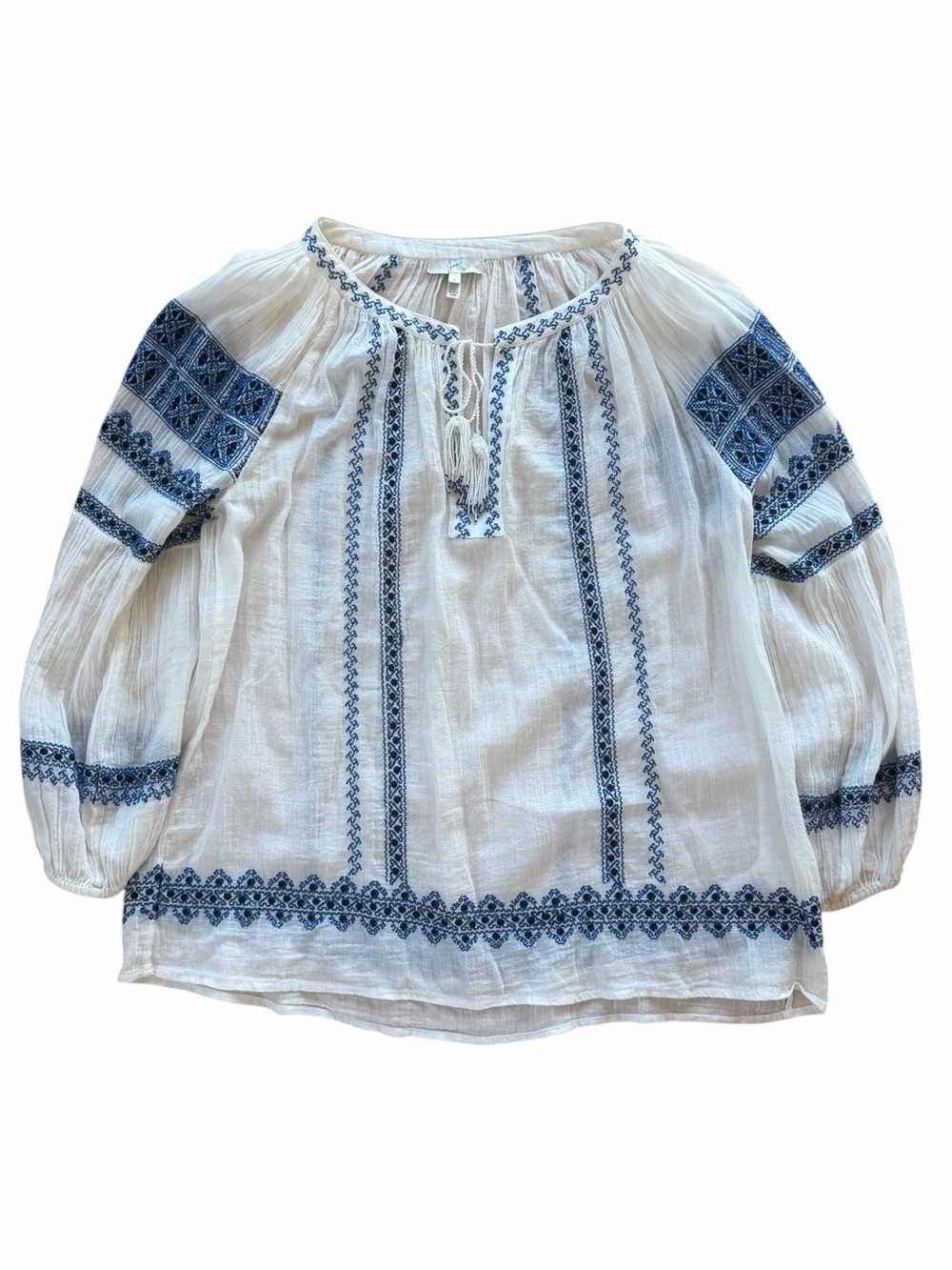 Joie Womens Gauge Cotton Gauze V Neck Embroidered White Blue Color, Bohemian